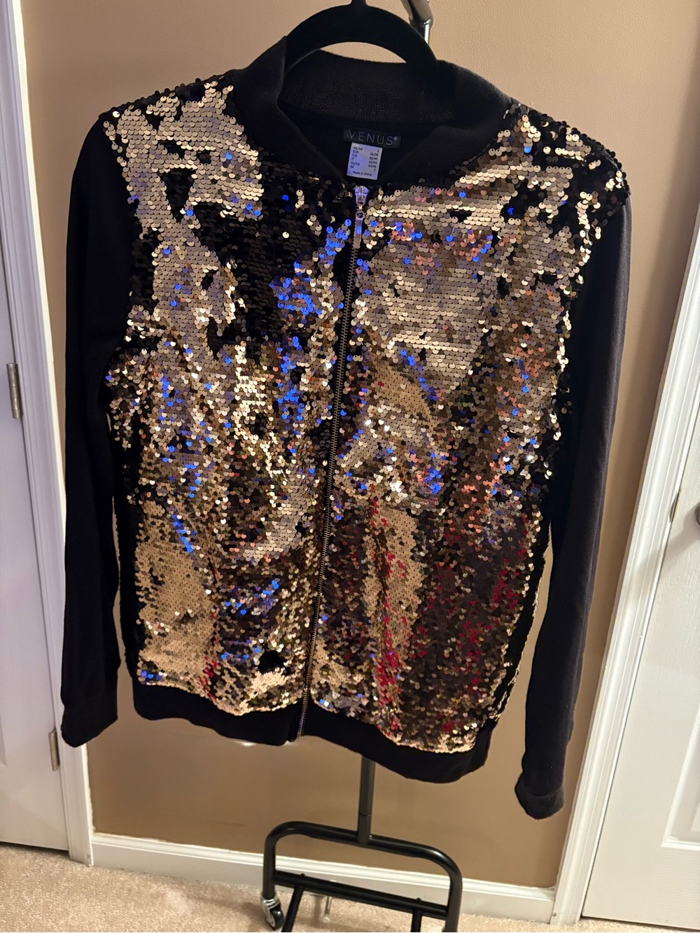 VENUS Black Bomber Jacket with Gold Sequins